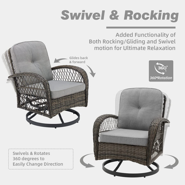Erommy Outdoor Rocker Patio Chairs 360 ° Swivel , 3 Pieces Patio Conversation Set with Thickened Cushions and Glass Table, Gray