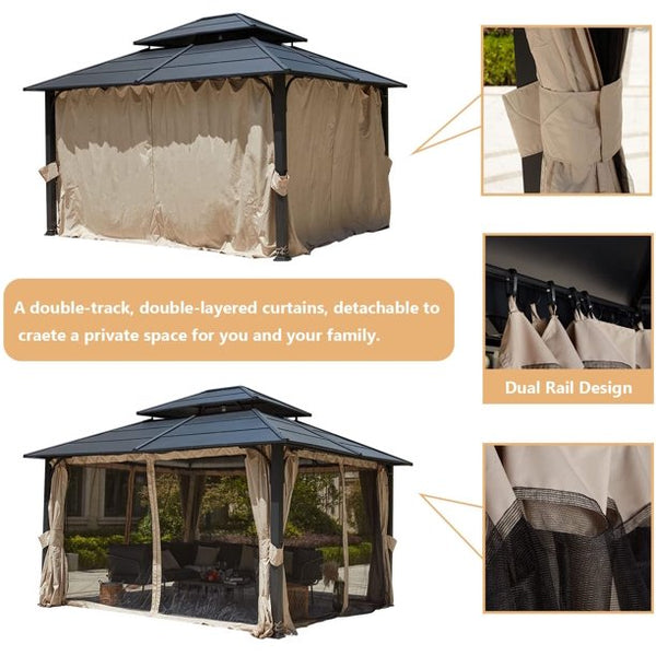 Yoleny 12’ X 14’ Hardtop Gazebo, Permanent Aluminum Patio Gazebo with Privacy Curtain and Mosquito Net, Double Roof Canopy Gazebo for Outdoor, Patio, Lawn Wedding, Garden