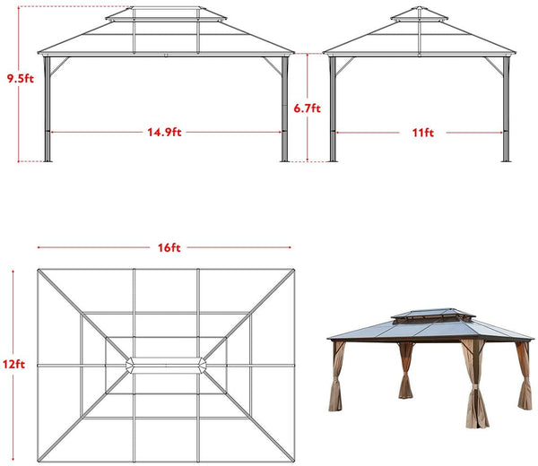 YOLENY 12'x16' Outdoor Polycarbonate Double Roof Hardtop Gazebo Canopy Curtains Aluminum Frame with Netting for Garden and Patio