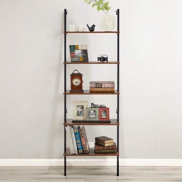 Yoleny 5 Tier Industrial Ladder Shelf, Wood Modern Bookshelf with Metal Frame, Wall-Mounted Plant Flower Storage Organizer, Brown