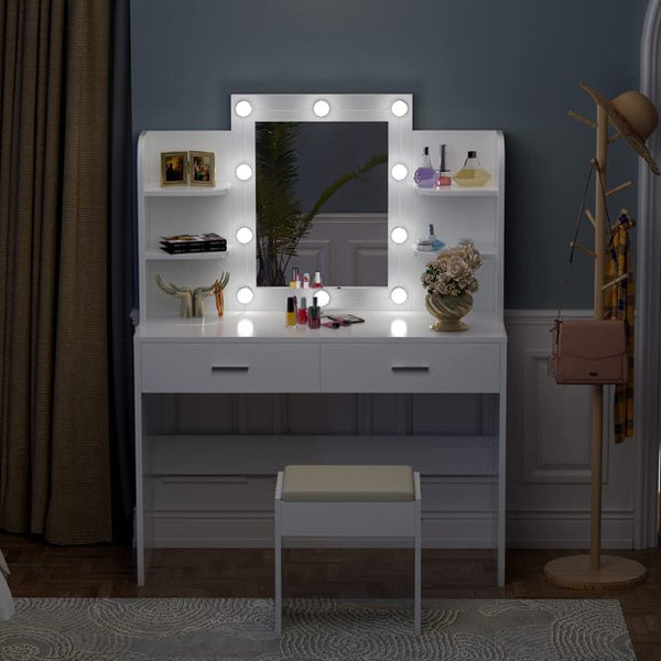 MELLCOM Vanity Table Set Makeup Desk, Dressing Table with Lighted Mirror, White