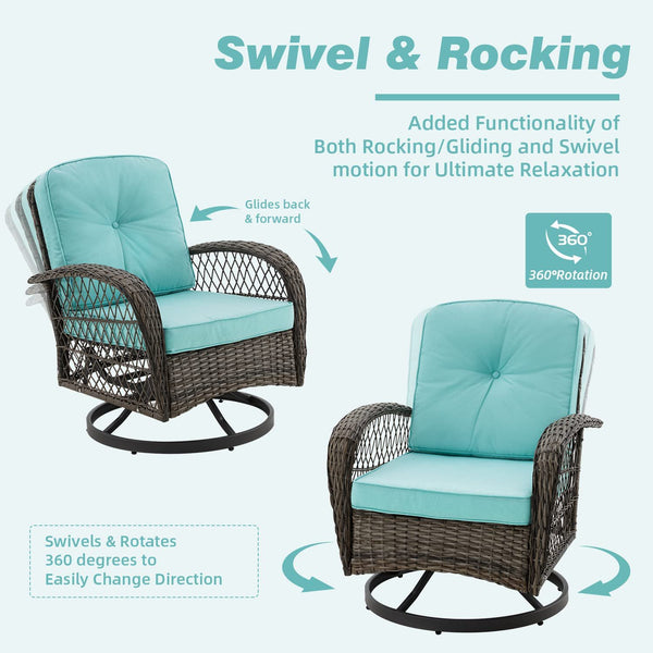 Erommy Outdoor Rocker Patio Chairs 360 ° Swivel , 3 Pieces Patio Set with Cushions and Table, Blue