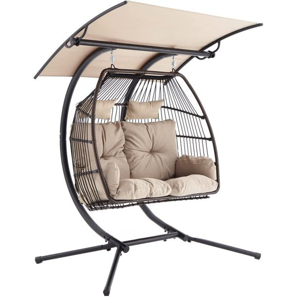 Erommy Loveseat Hanging Egg Chair Adjustable Swing with Steel Frame for Patio, khaki