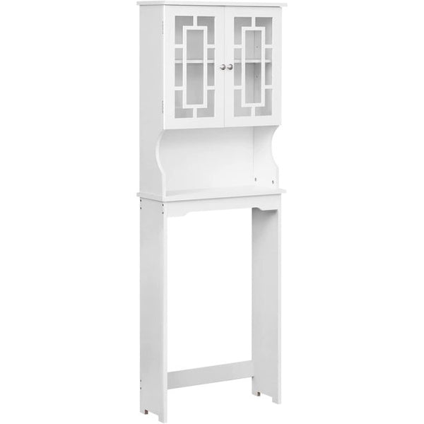 Yoleny Toilet Storage Wooden Bathroom Organizer with 2 Glass Doors & Adjustable Shelf, Over Toilet Cabinets for Bathroom, White