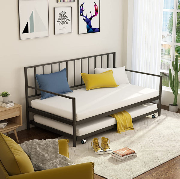 MELLCOM Twin Daybed with Trundle, Metal Slat Bed Frame Set, Farmhouse Platform Bed for Bedroom, Living Room, Black