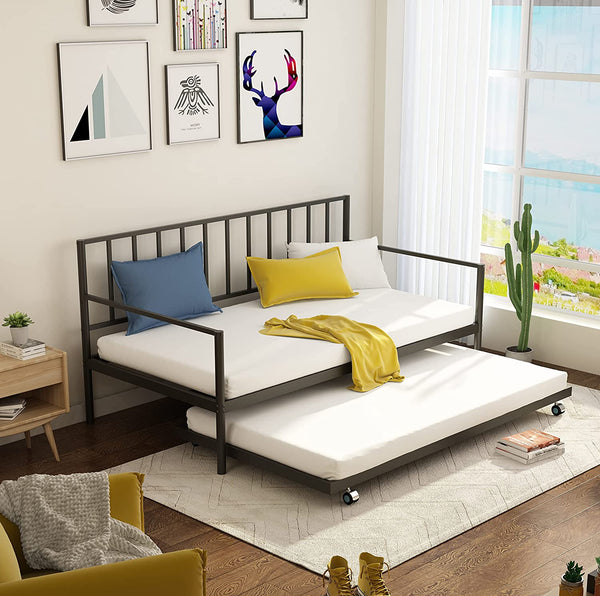 MELLCOM Twin Daybed with Trundle, Metal Slat Bed Frame Set, Farmhouse Platform Bed for Bedroom, Living Room, Black