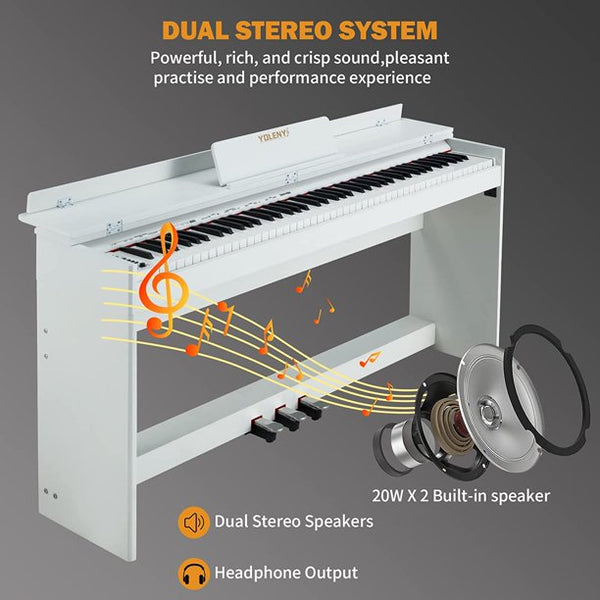 Yoleny 88 Key Weighted Digital Piano, Full-Size Responsive Hammer-Action Keyboard Electric Piano, Metal Pedal, 2x20w Speakers, for Beginners And Professionals, White