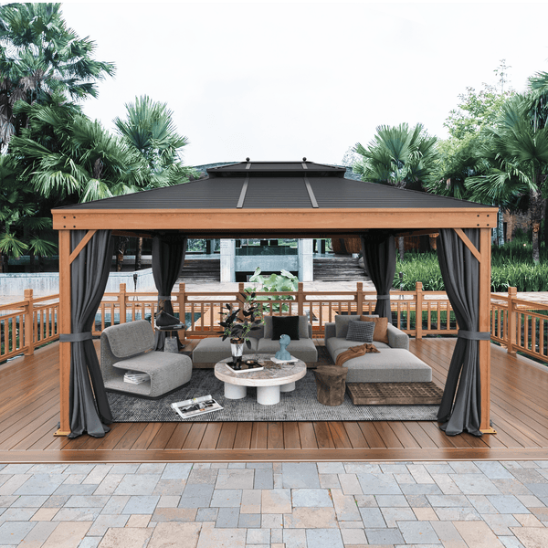 Yoleny 12' X 14' Hardtop Gazebo Metal Gazebo with Wood Grain Aluminum Frame, Galvanized Steel Double Roof, Outdoor Patio Gazebo Pergolas with Netting and Curtains for Backyard, Patio, Lawns