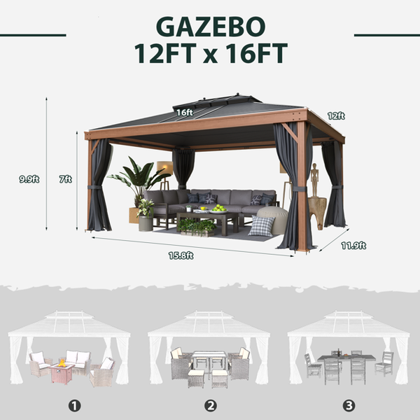 Mellcom 12' X 16' Hardtop Gazebo Metal Gazebo with Galvanized Steel Double Roof for Backyard, Patio, Lawns