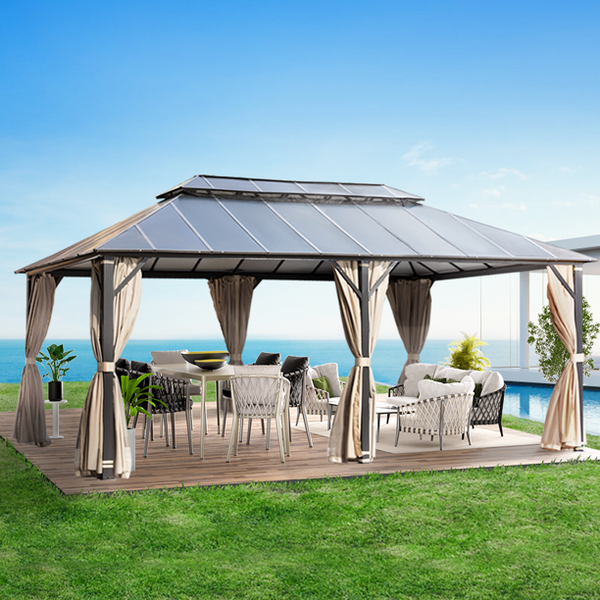 Erommy 13' x 15' Cedar Wood Frame Gazebo, Outdoor Hardtop Gazebo with Metal Roof, Curtains and Nettings