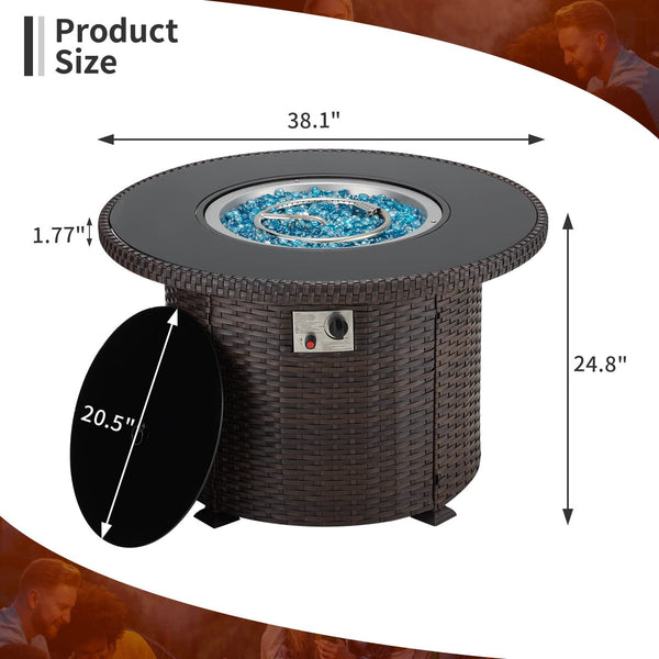 Yoleny Gas Fire Pit Table, 38" 50000 BTU Round Propane Firepits with Lid and Fire Glass, CSA Certification, Brown