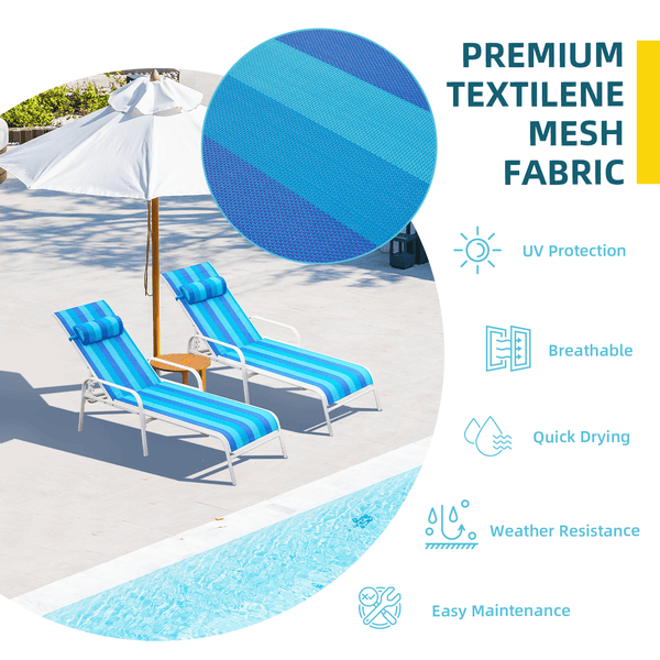 Mellcom Patio Chaise Lounges, Set of 2 Adjustable Outdoor Lounge Chairs for Patio Beach Yard Pool,Blue
