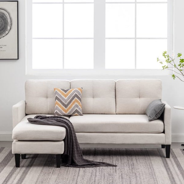 Mellcom Reversible Sectional Sofa, L-Shaped Chaise Longue with Movable Modular Ottoman, for Apartments Small Spaces, Beige