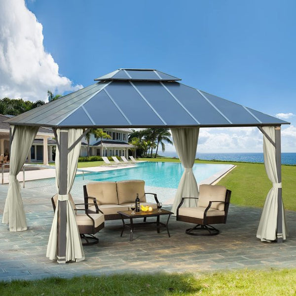 Erommy 12'x14' Outdoor Hardtop Gazebo Patio Furniture, Aluminum Frame Double Roof, Privacy Curtains and Premium Net for Patio Lawn and Garden
