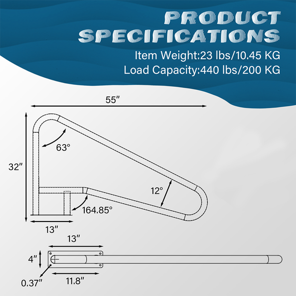 Mellcom 55"x32" Pool Handrail,304 Stainless Steel 440lbs Load Capacity Pool Stair Rail With Base Plate