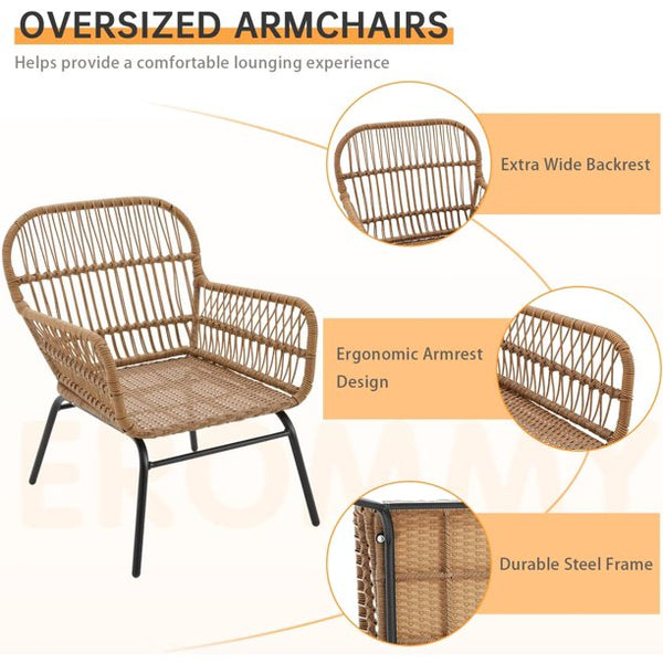 Erommy 3-Piece Patio Conversation Set, Outdoor Wicker Furniture with 2 Wide Armchairs & Tempered Glass Top Table, Cushions Included