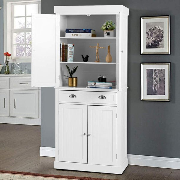 Mellcom 72” Freestanding Kitchen Pantry Storage Cabinets, Elegant Colonial Design Cupboard, White