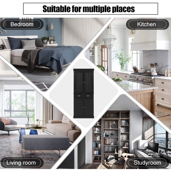 Mellcom 72” Freestanding Kitchen Pantry Storage Cabinets, Elegant Colonial Design Cupboard, Black