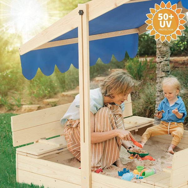 Hommow Kids Outdoor Toy Sandbox w/ 2 Foldable Bench Seats, Height Adjustable Outdoor Sandbox with Canopy Roof