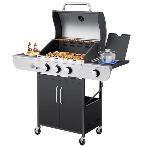Yoleny 3 Burner BBQ Propane Gas Grill，24,000 BTU Stainless Steel Patio Garden Barbecue Grill with Stove and Side Table