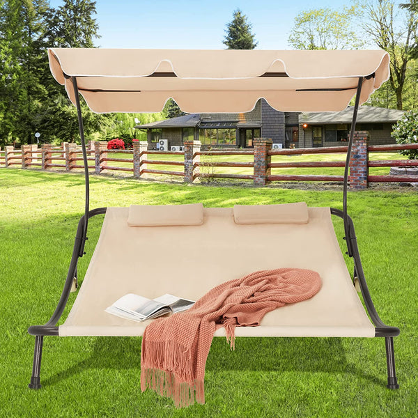 Yoleny Patio Double Chaise Lounge with Adjustable Canopy, Outdoor Hammock Daybed with Wheels and Pillows for 2 Person, Oxford Cloth Chaise Lounge Bed for Ousides, Garden, Backyard, Lawn, Beige
