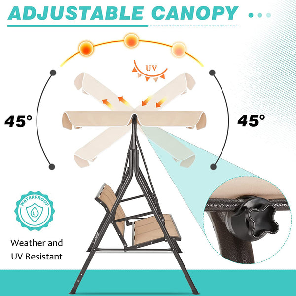 Yoleny Outdoor Patio Swing Chair, 3-Person Porch Swing with All-Weather Convertible Canopy and Textilene Fabric Seats, Steel Frame Bench Swing for Outsides, Backyard, Garden, Poolside, Beige