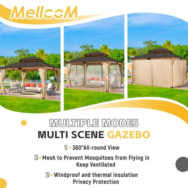 Mellcom 13' x 15' Asphalt Hardtop Gazebo, Spruce Wood Double Roof Gazebo, Canopy Gazebo with Waterproof Coated Wood Frame for Patios, Gardens, Lawns, and Backyards