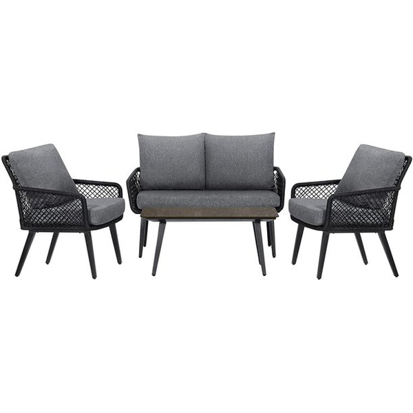 Yoleny 4 Pieces Patio Conversation Sets, Outdoor Rope-Woven Aluminum Patio Furniture Set with Thick Cushions, and Tempered Glass Coffee Table
