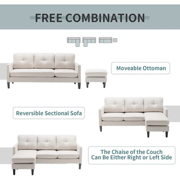 Mellcom Reversible Sectional Sofa, L-Shaped Chaise Longue with Movable Modular Ottoman, for Apartments Small Spaces, Beige