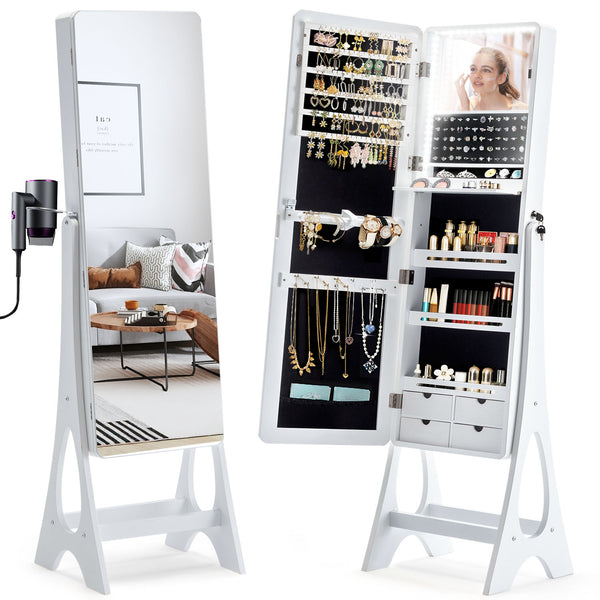 Mellcom Jewelry Armoire Cabinet Built-in LED-Lit Makeup Mirror with Full-Length Mirror,White
