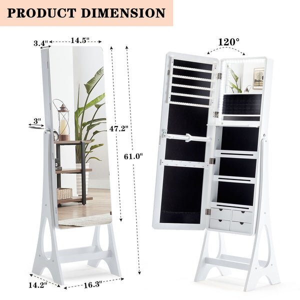 Mellcom Jewelry Armoire Cabinet Built-in LED-Lit Makeup Mirror with Full-Length Mirror,White