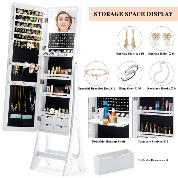 Mellcom Jewelry Armoire Cabinet Built-in LED-Lit Makeup Mirror with Full-Length Mirror,White