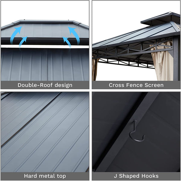 Mellcom 10x12ft Hardtop Patio Gazebo with Double Metal Roof Aluminum Frame for Backyard, Lawn and Garden