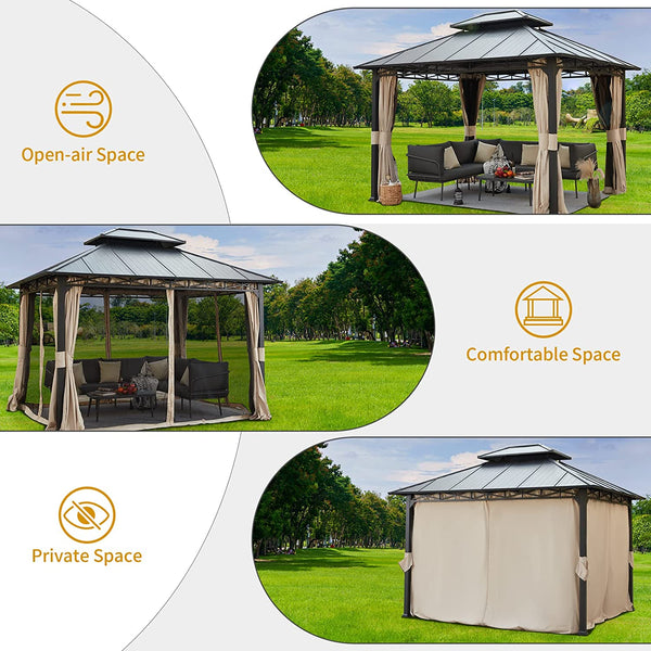 Mellcom 10x12ft Hardtop Patio Gazebo with Double Metal Roof Aluminum Frame for Backyard, Lawn and Garden