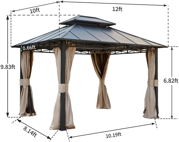 Mellcom 10x12ft Hardtop Patio Gazebo with Double Metal Roof Aluminum Frame for Backyard, Lawn and Garden