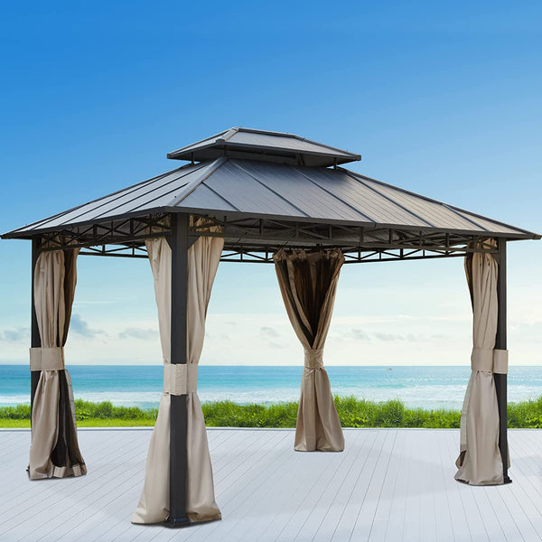 Mellcom 10x12ft Hardtop Patio Gazebo with Double Metal Roof Aluminum Frame for Backyard, Lawn and Garden
