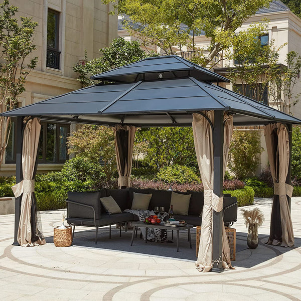 Mellcom 12x14 FT Double Roof Hardtop Gazebo, Aluminum Patio Gazebo with Curtains & Netting for Backyard, Lawn and Garden