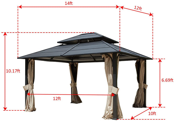 Mellcom 12x14 FT Double Roof Hardtop Gazebo, Aluminum Patio Gazebo with Curtains & Netting for Backyard, Lawn and Garden