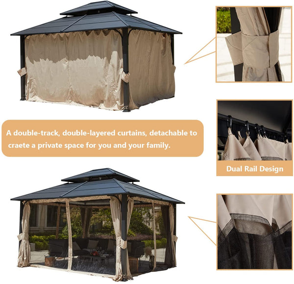 Mellcom 12x14 FT Double Roof Hardtop Gazebo, Aluminum Patio Gazebo with Curtains & Netting for Backyard, Lawn and Garden