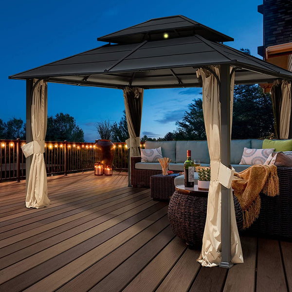 Mellcom 12x14 FT Double Roof Hardtop Gazebo, Aluminum Patio Gazebo with Curtains & Netting for Backyard, Lawn and Garden