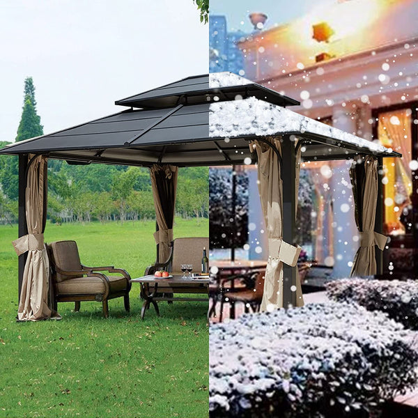 Mellcom 12x14 FT Double Roof Hardtop Gazebo, Aluminum Patio Gazebo with Curtains & Netting for Backyard, Lawn and Garden