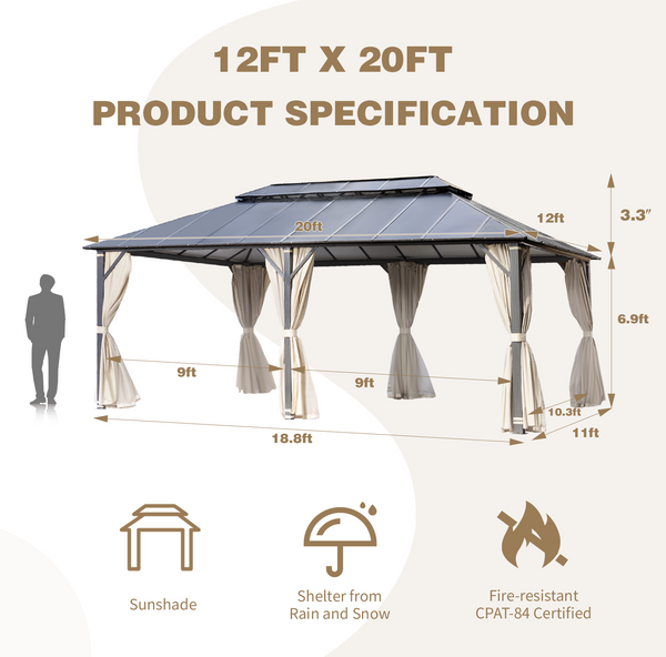 Mellcom 12x20FT Hardtop Gazebo Outdoor Aluminum Patio Gazebo with Double Roof for Patio Lawn and Garden