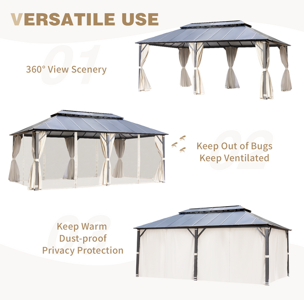 Mellcom 12x20FT Hardtop Gazebo Outdoor Aluminum Patio Gazebo with Double Roof for Patio Lawn and Garden