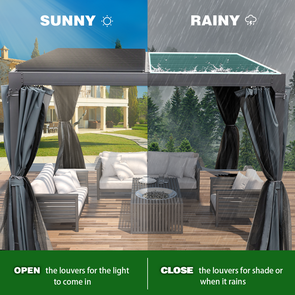 Mellcom 10'×10' Outdoor Louvered Pergola Aluminum Hardtop Gazebo with Adjustable Roof for Backyard, Garden w/ Curtains and Netting