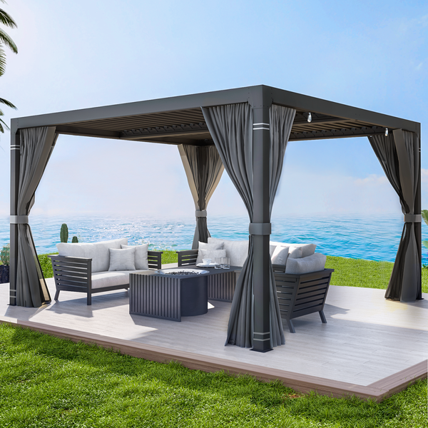 Mellcom 10'×10' Outdoor Louvered Pergola Aluminum Hardtop Gazebo with Adjustable Roof for Backyard, Garden w/ Curtains and Netting