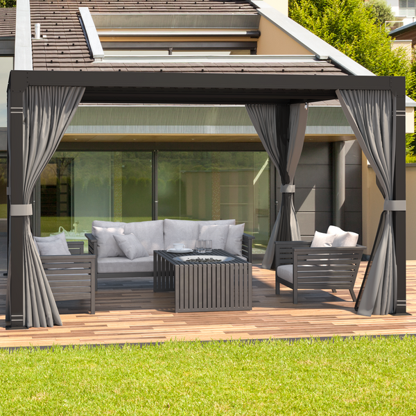Mellcom 10'×10' Outdoor Louvered Pergola Aluminum Hardtop Gazebo with Adjustable Roof for Backyard, Garden w/ Curtains and Netting