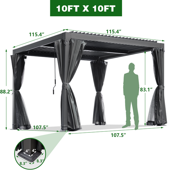 Mellcom 10'×10' Outdoor Louvered Pergola Aluminum Hardtop Gazebo with Adjustable Roof for Backyard, Garden w/ Curtains and Netting