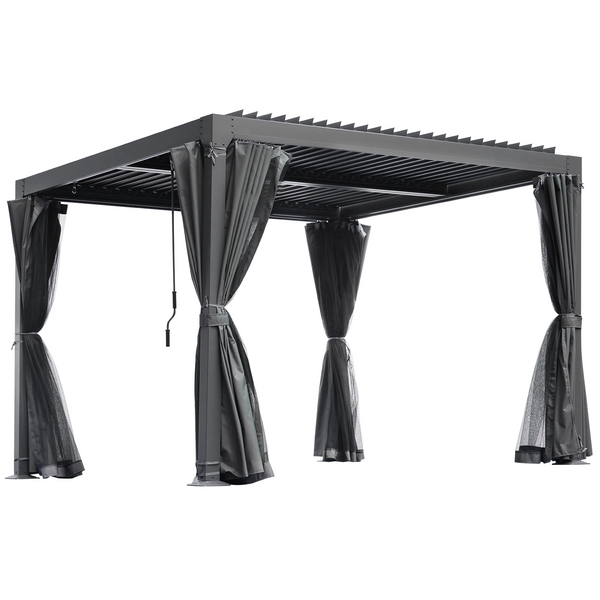 Mellcom 10'×10' Outdoor Louvered Pergola Aluminum Hardtop Gazebo with Adjustable Roof for Backyard, Garden w/ Curtains and Netting
