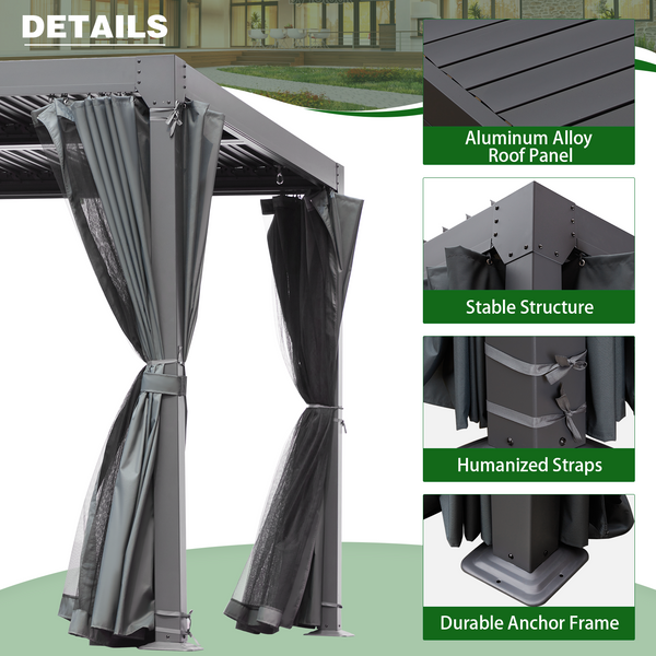 Mellcom 10'×10' Outdoor Louvered Pergola Aluminum Hardtop Gazebo with Adjustable Roof for Backyard, Garden w/ Curtains and Netting