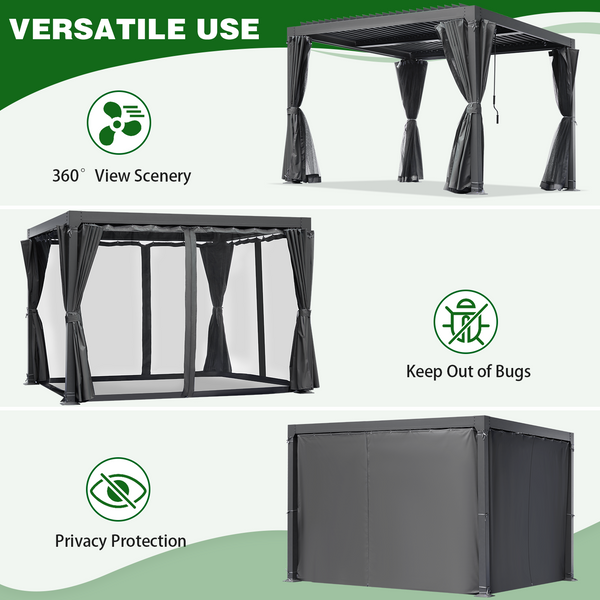 Mellcom 10'×10' Outdoor Louvered Pergola Aluminum Hardtop Gazebo with Adjustable Roof for Backyard, Garden w/ Curtains and Netting